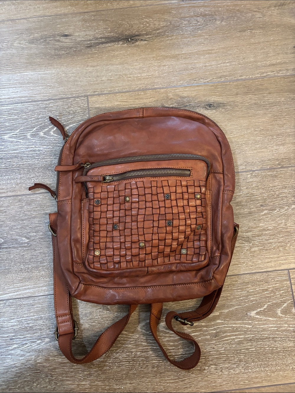Women's Tan Woven Front Leather Backpack